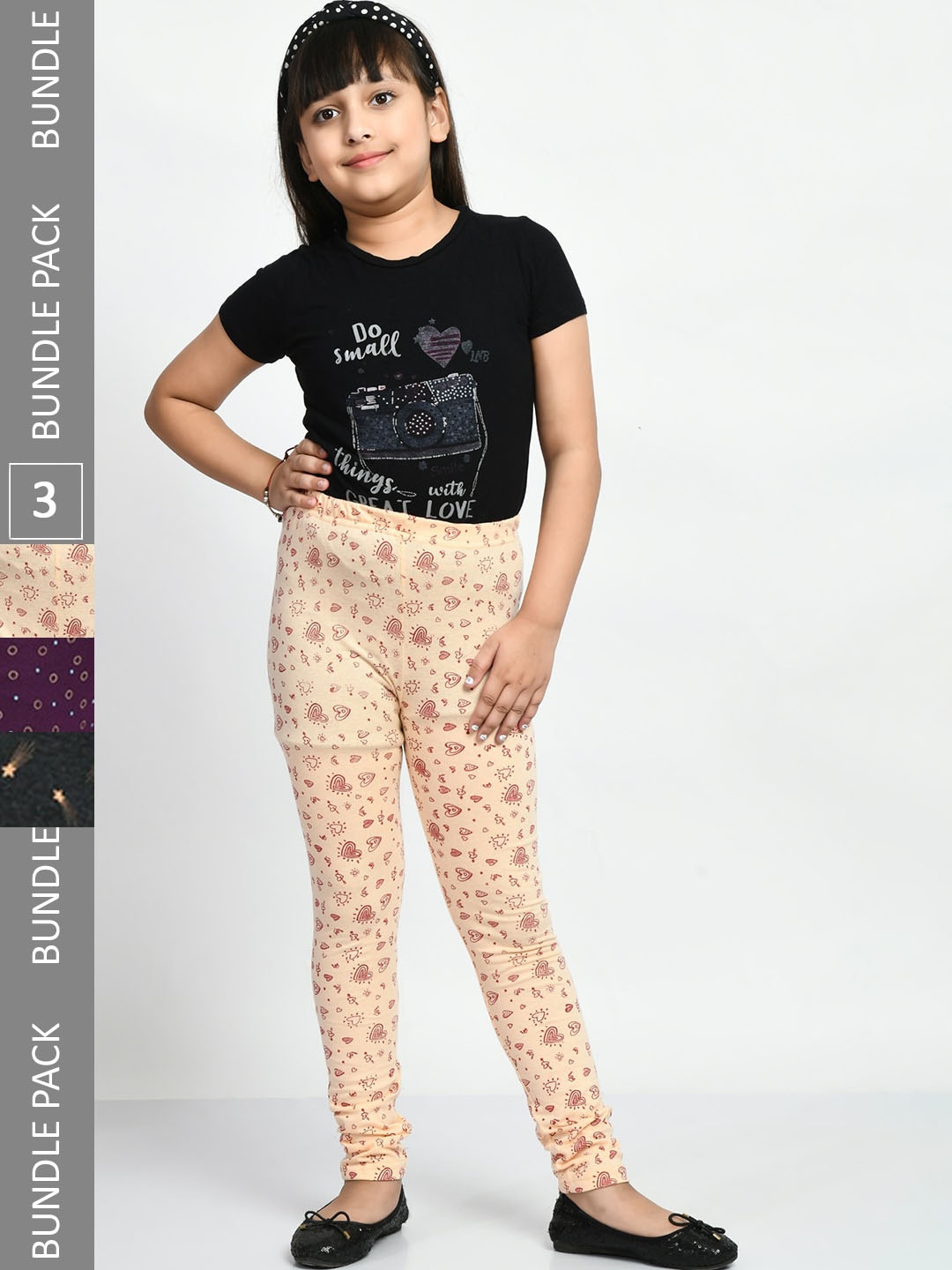 

BAESD Girls Pack Of 3 Printed Super Soft Pure Cotton Churidar-Length Leggings, Beige
