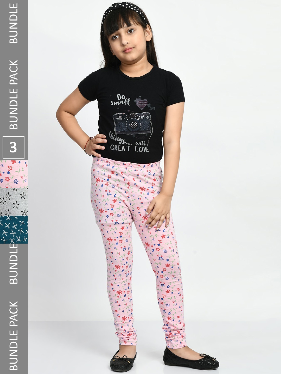 

BAESD Girls Pack Of 3 Printed Super Soft Pure Cotton Churidar-Length Leggings, Pink