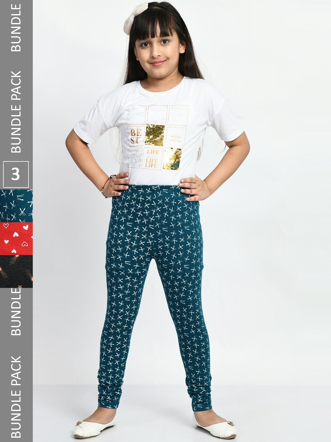 

BAESD Girls Pack Of 3 Printed Super Soft Pure Cotton Churidar-Length Leggings, Red