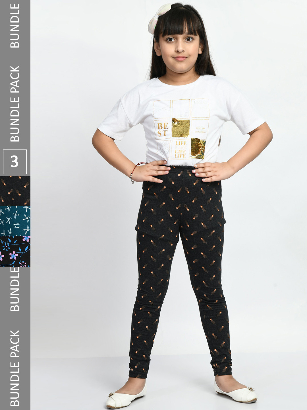 

BAESD Girls Pack Of 3 Printed Super Soft Pure Cotton Churidar-Length Leggings, Navy blue