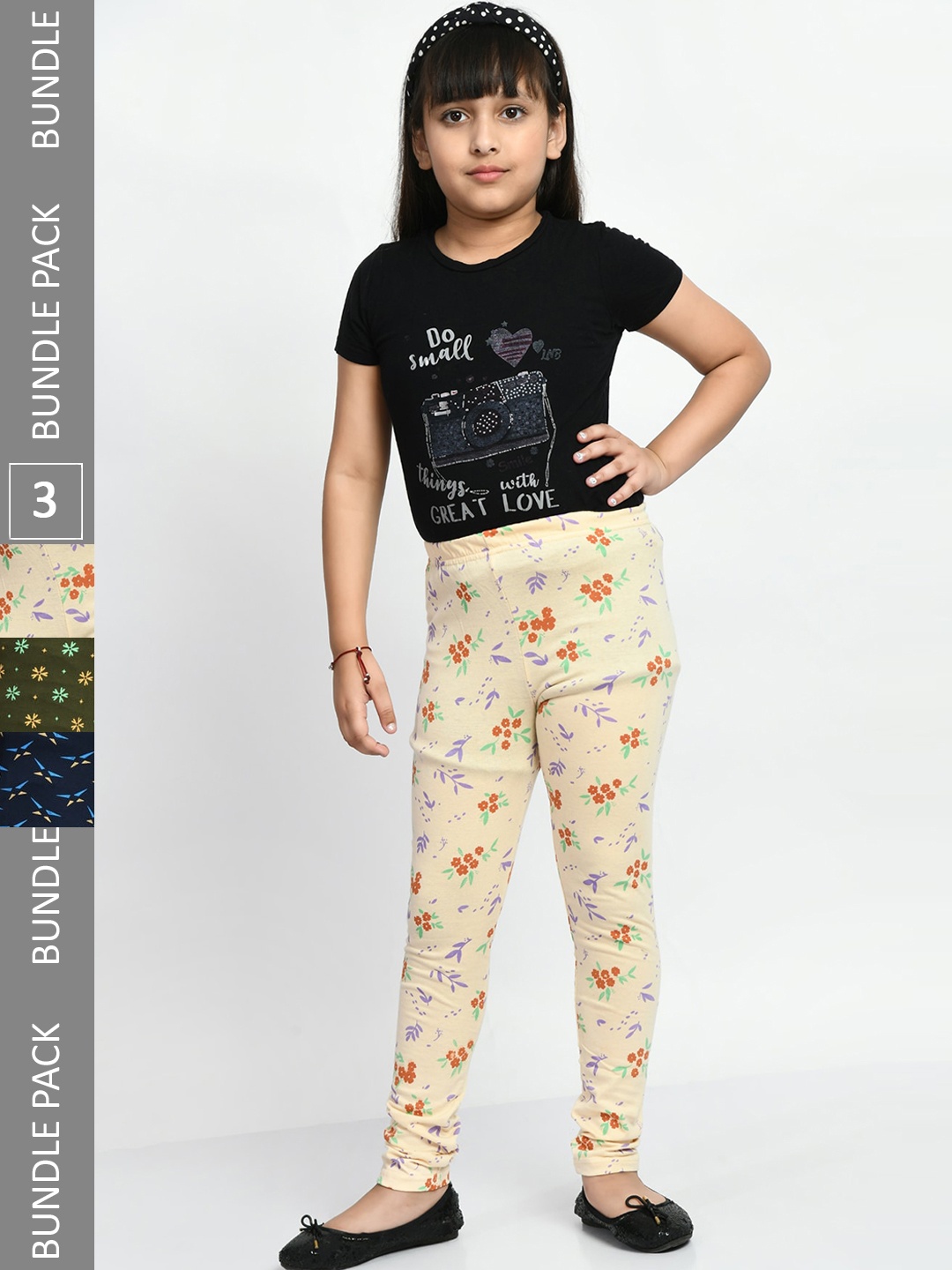 

BAESD Girls Pack Of 3 Printed Cotton Churidar-Length Leggings, Olive