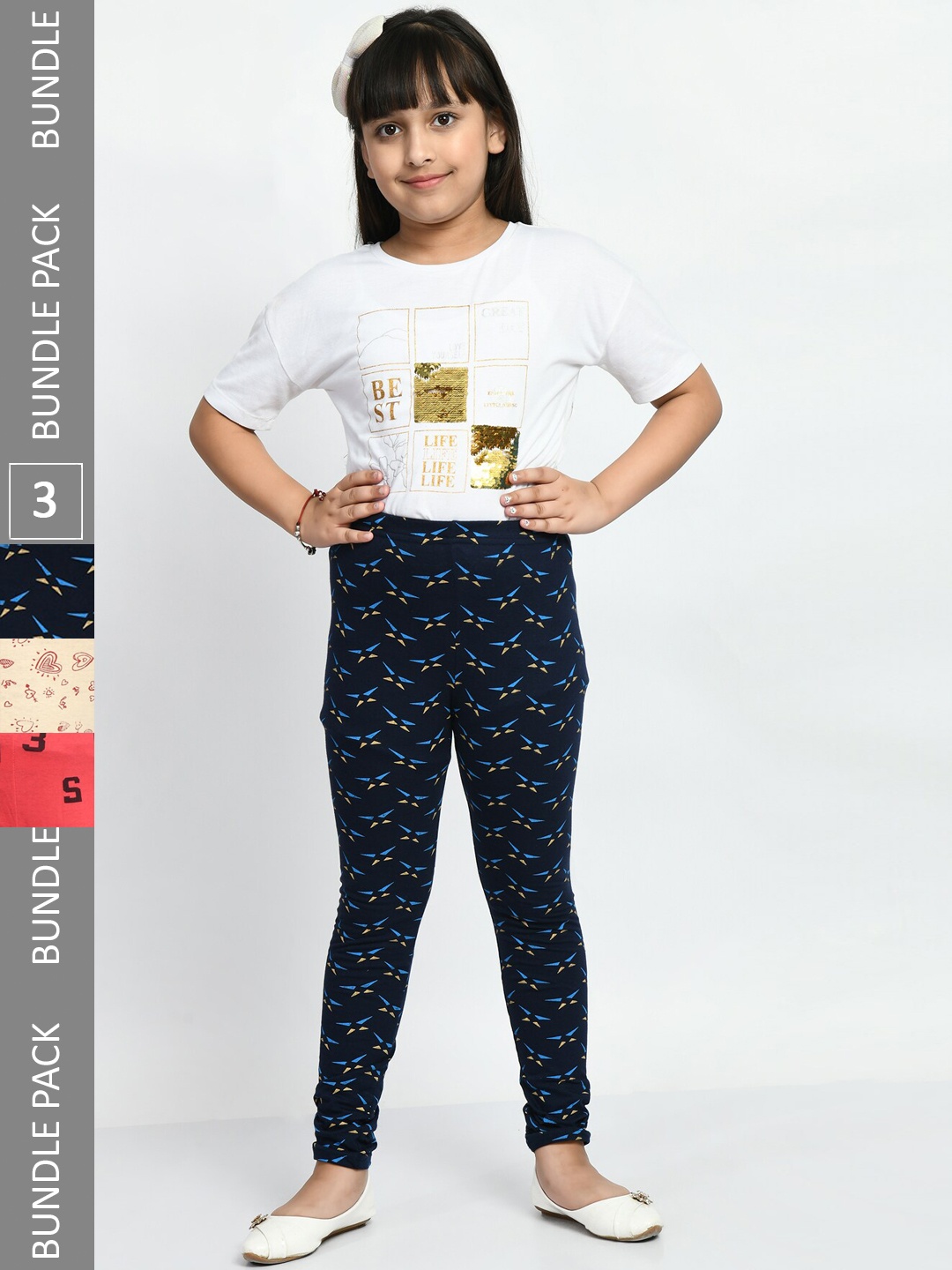

BAESD Girls Pack Of 3 Printed Pure Cotton Churidar-Length Leggings, Black