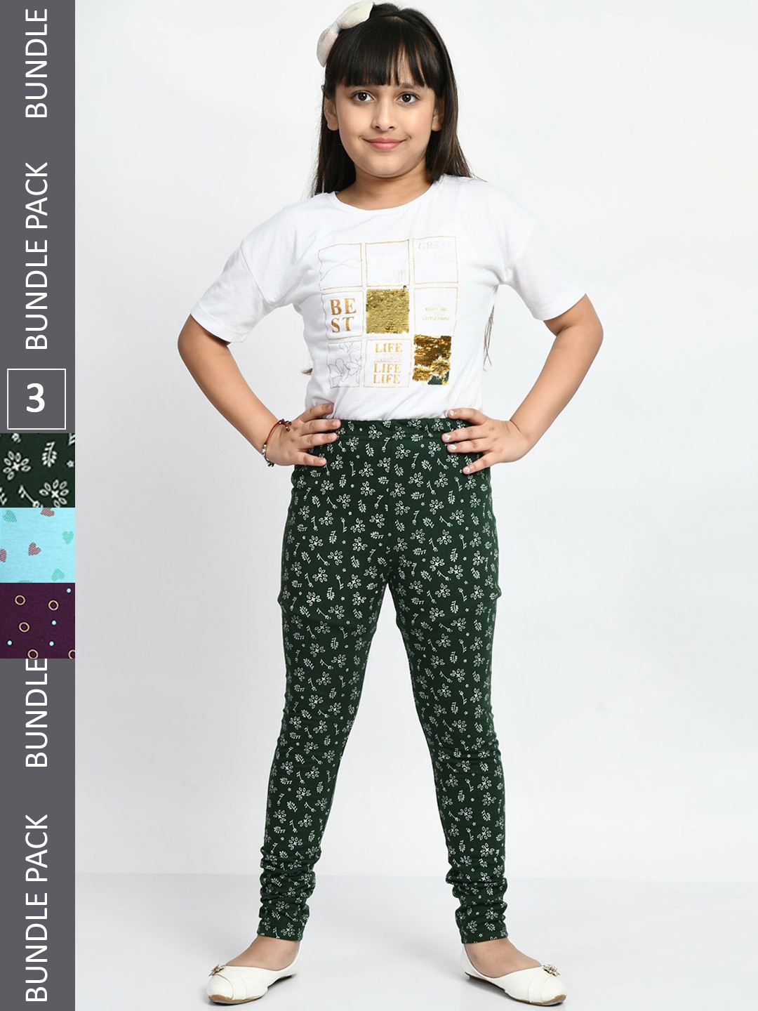 

BAESD Girls Pack Of 3 Printed Pure Cotton Churidar-Length Leggings, Turquoise blue