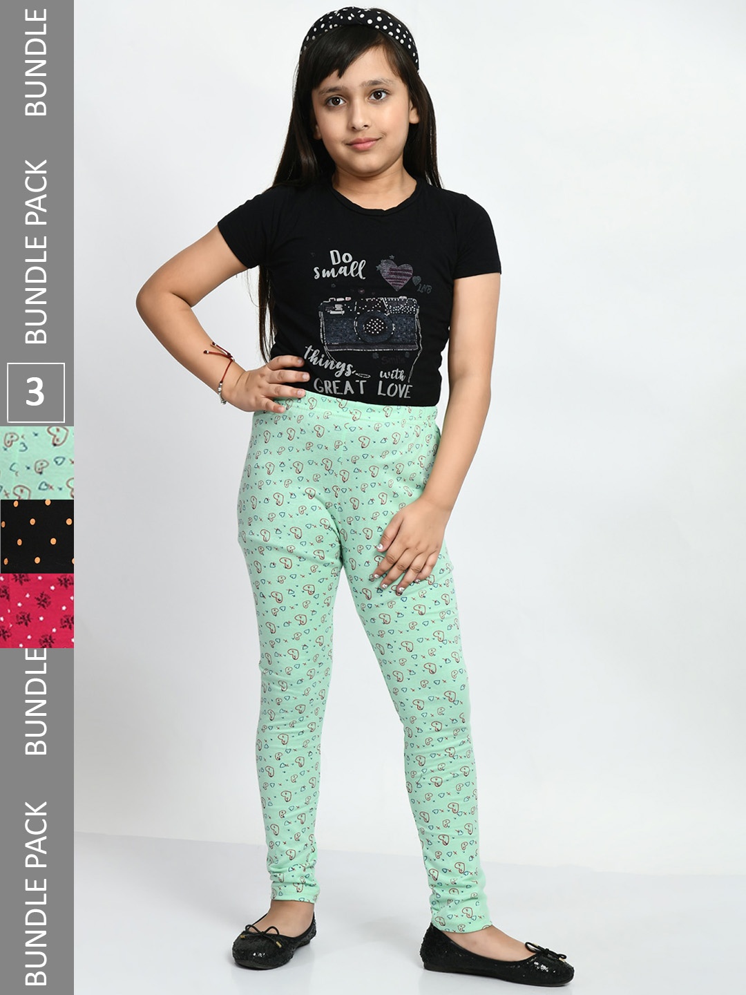 

BAESD Girls Pack Of 3 Printed Churidar Length Pure Cotton Leggings, Sea green