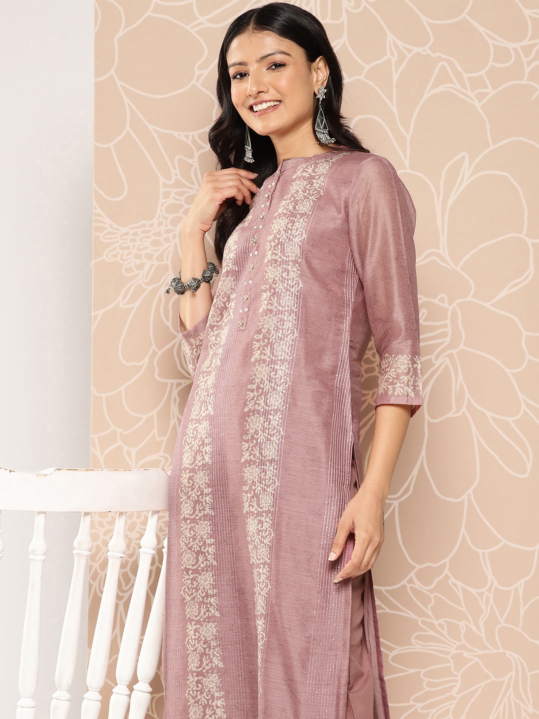 

Libas Women Floral Embroidered Regular Thread Work Chanderi Silk Kurta with Trousers, Mauve