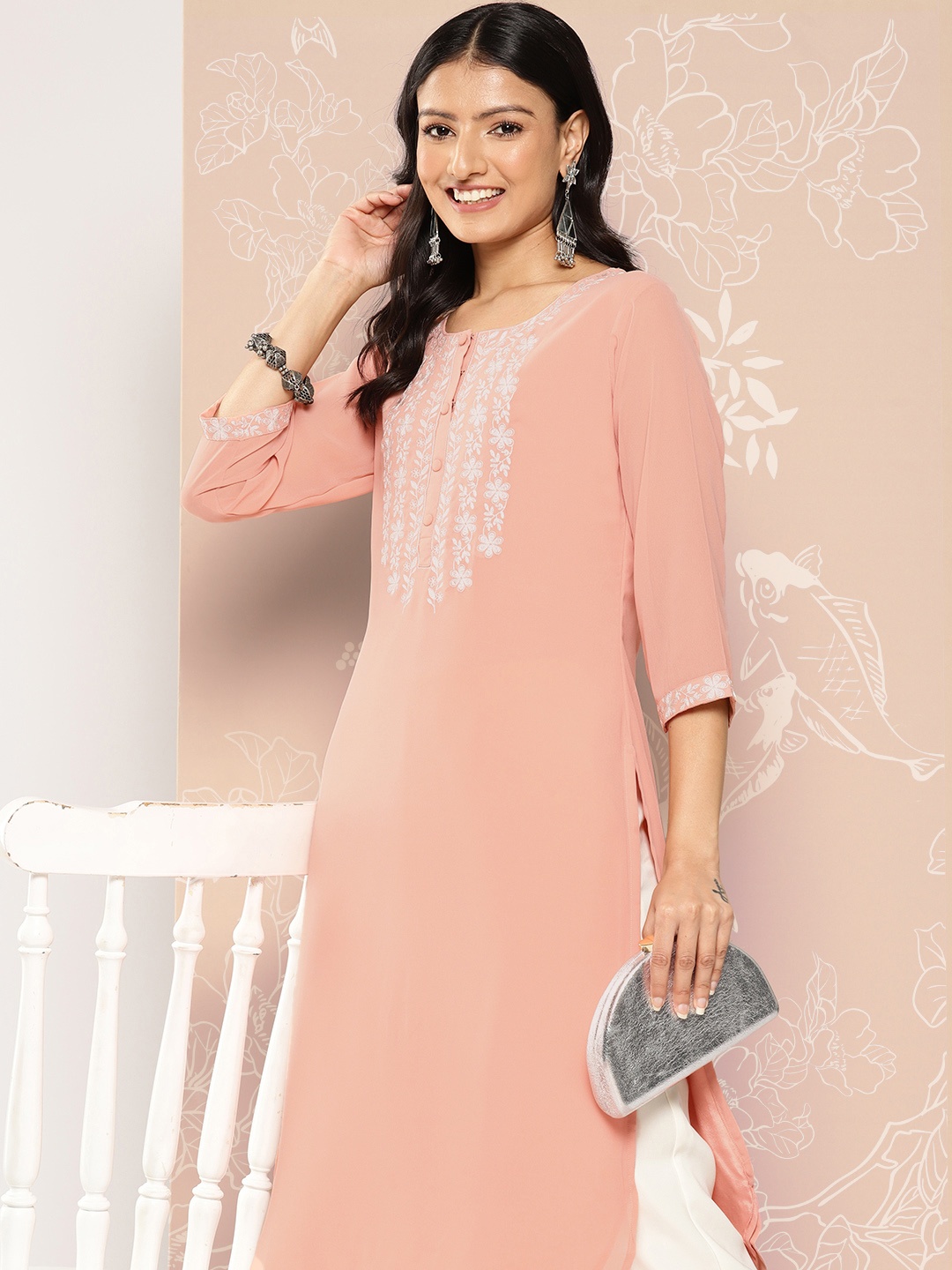 

Libas Women Floral Embroidered Thread Work Pastels Georgette Kurta, Peach