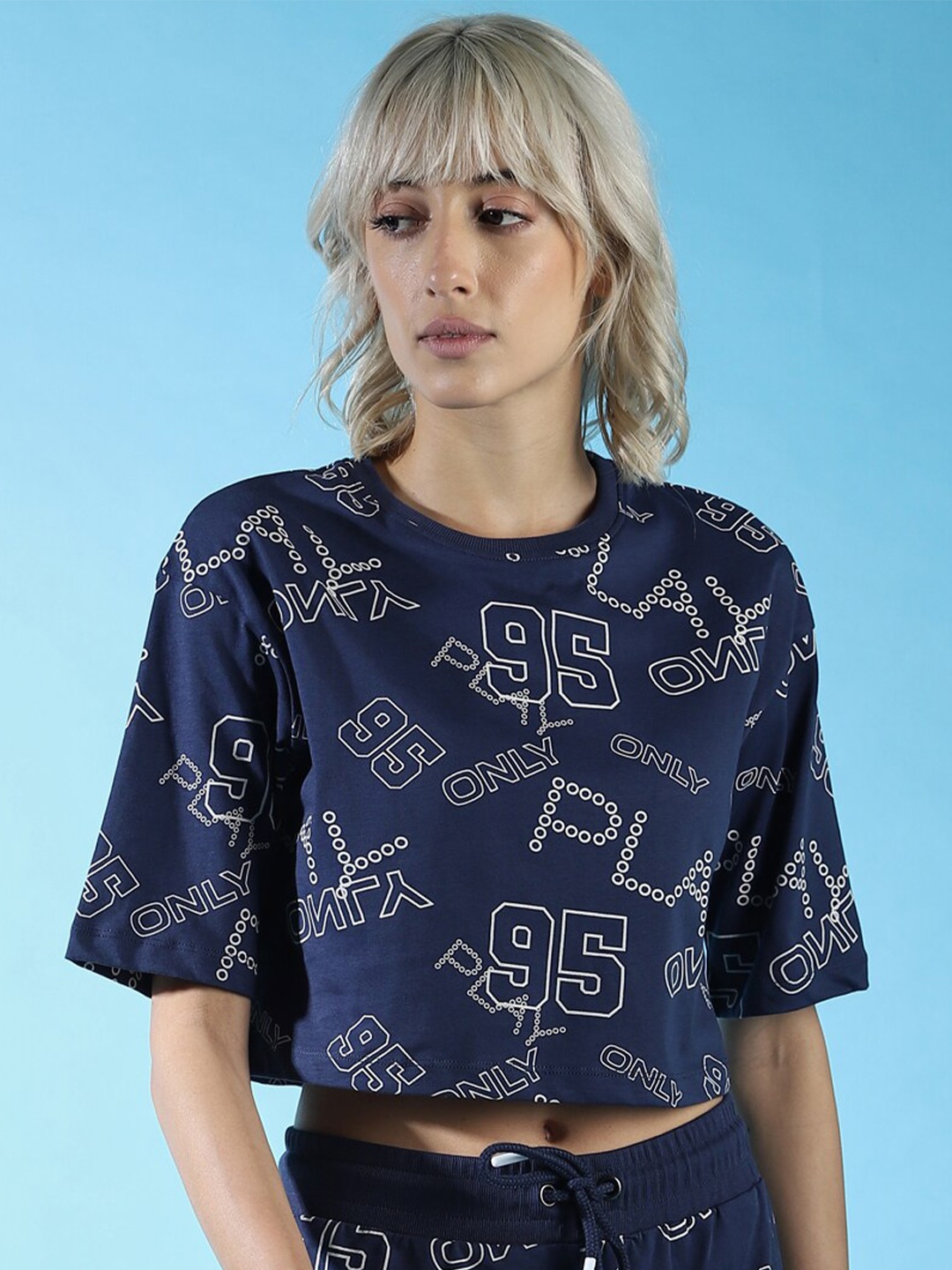 

ONLY Women Typography Printed Cotton T-shirt, Blue