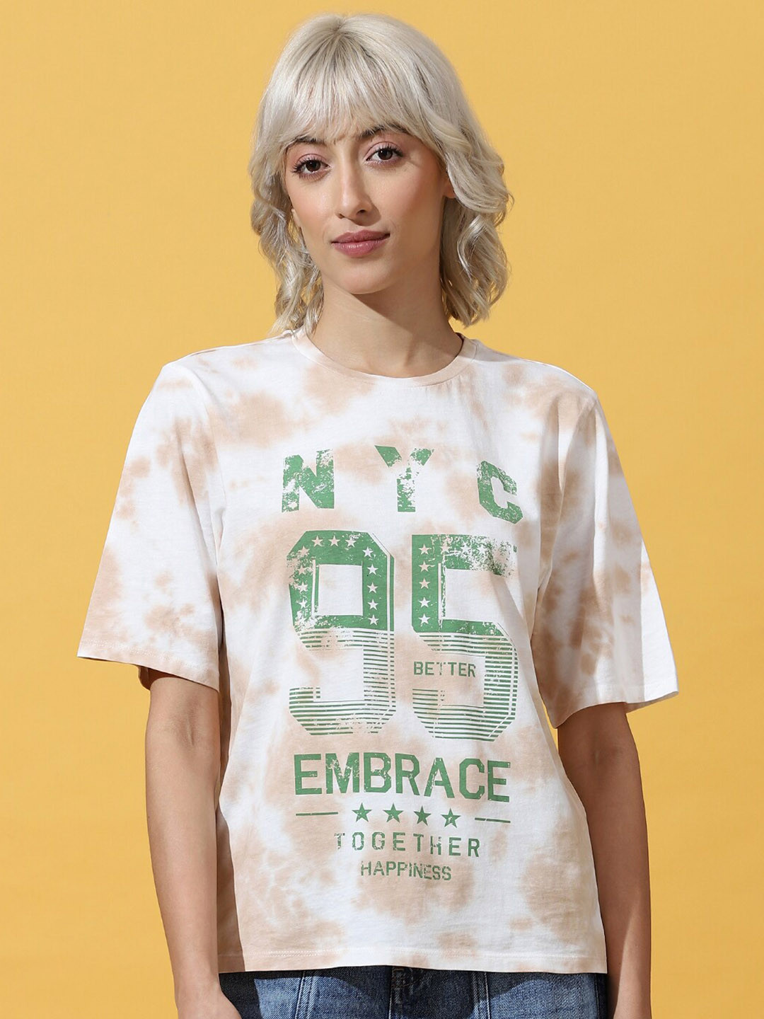 

ONLY Women Typography Printed Cotton T-shirt, Beige