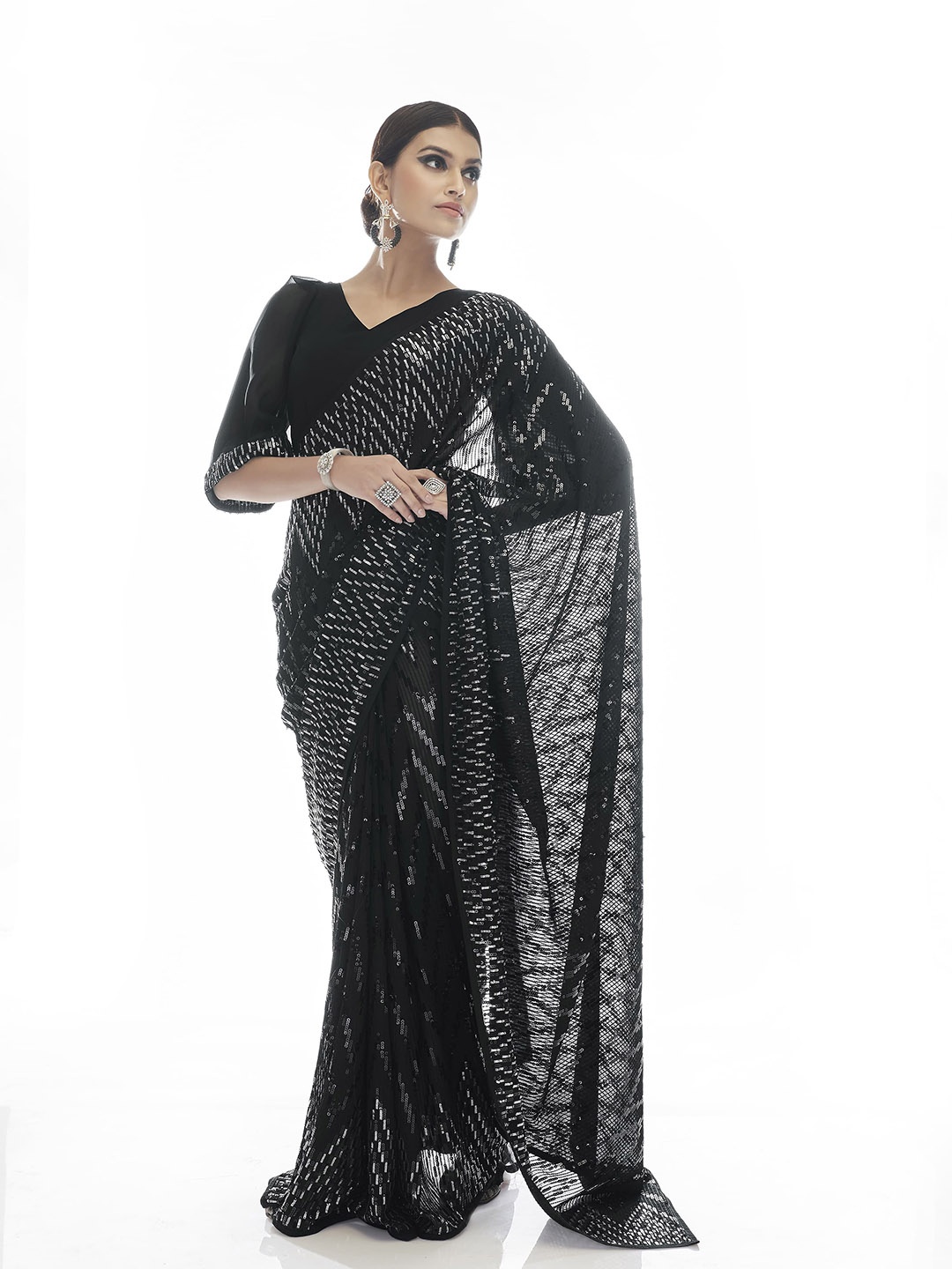 

Fusionic Sequin Embellished Pure Georgette Saree, Black