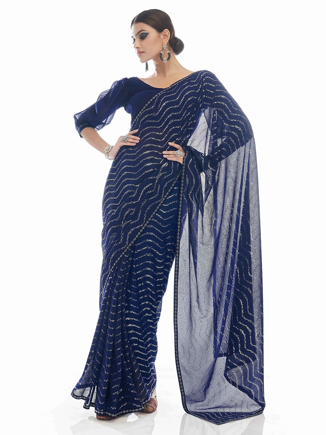 

Fusionic Sequin Embellished Pure Georgette Saree, Navy blue