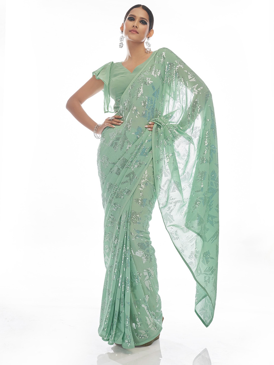 

Fusionic Sequin Embellished Pure Georgette Saree, Sea green