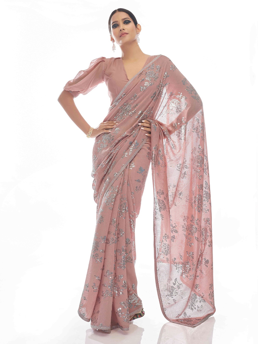 

Fusionic Sequin Embellished Pure Georgette Saree, Peach
