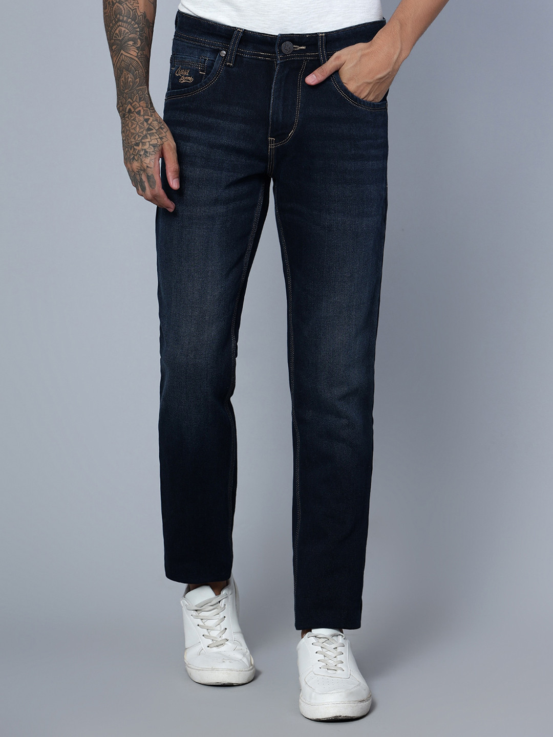 

Cantabil Men Clean Look High-Rise Light Fade Cotton Jeans, Blue