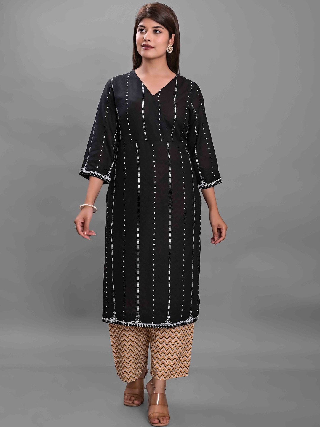 

JAIPUR FASHION MODE Striped V-Neck A-Line Kurta with Palazzos, Black