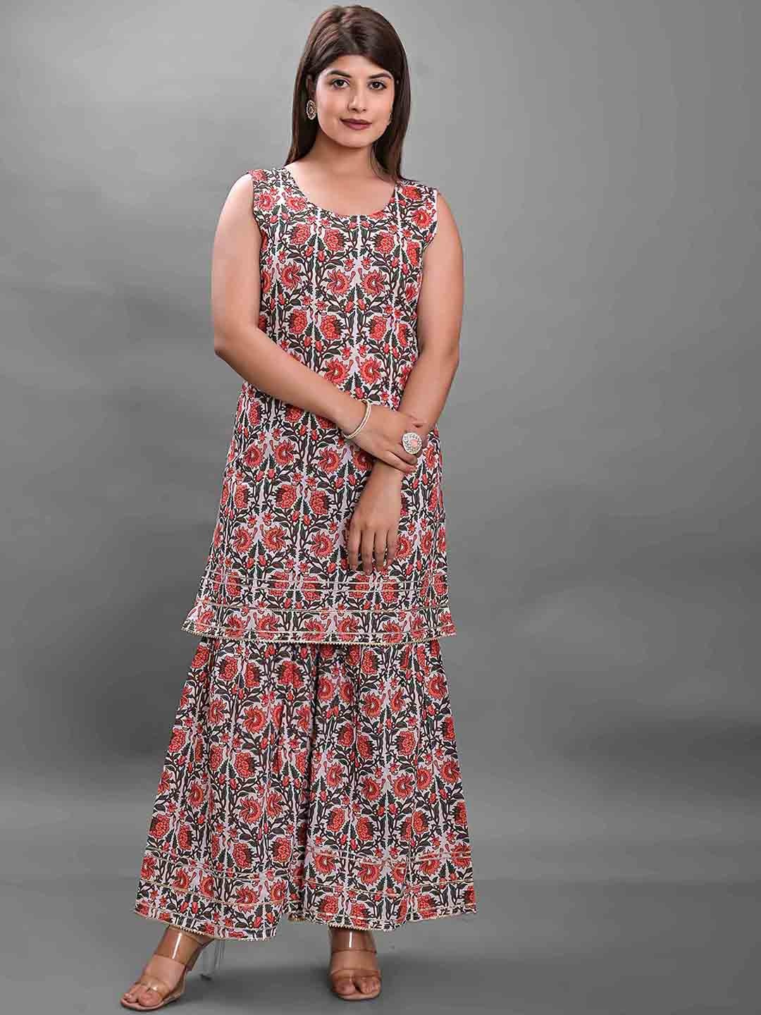 

JAIPUR FASHION MODE Floral Printed Gotta Patti Kurta with Sharara, White