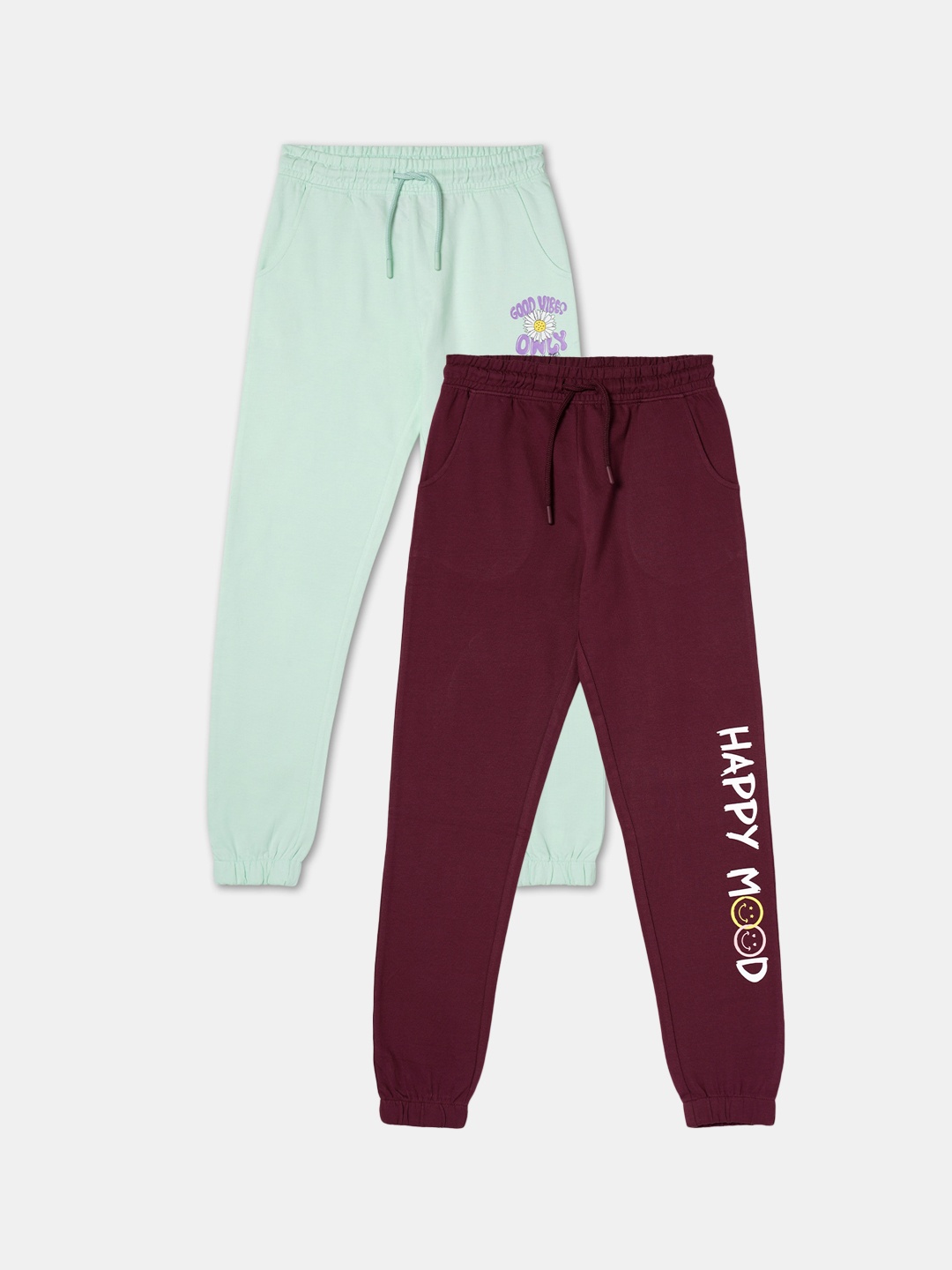 

R&B Girls Pack Of 2 Mid-Rise Cotton Joggers, Maroon