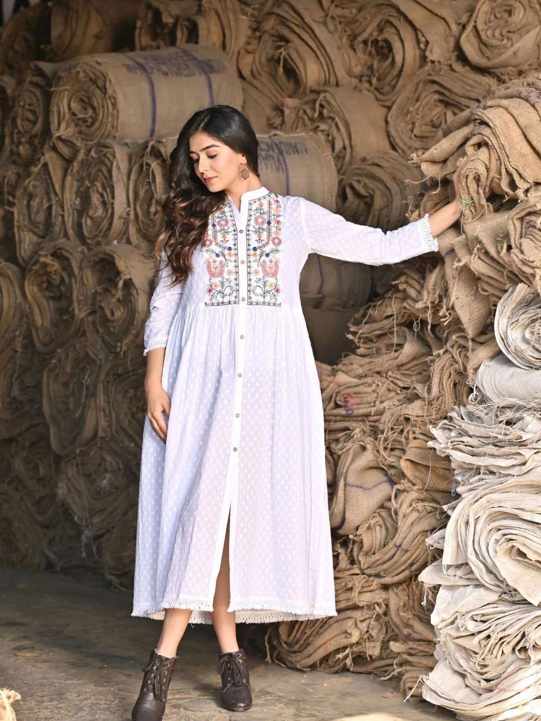 

Zolo Label Self Design Embroidered Cotton A-Line Midi Ethnic Dress, White