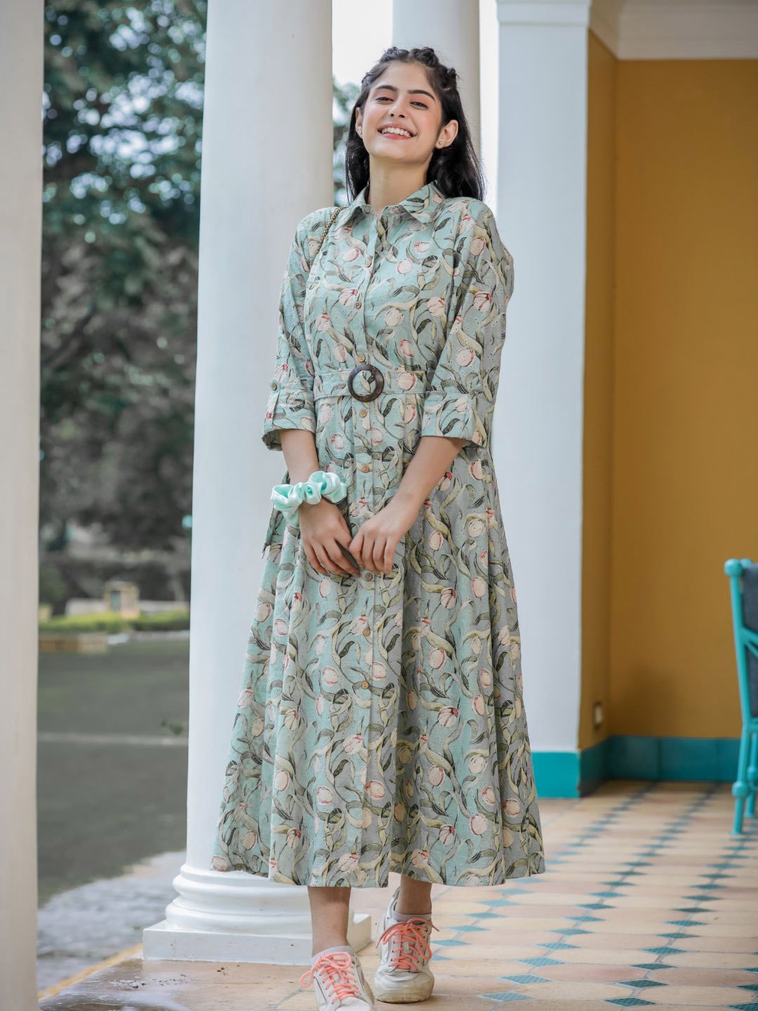 

Zolo Label Shirt Collar Tropical Print Shirt Dress, Sea green