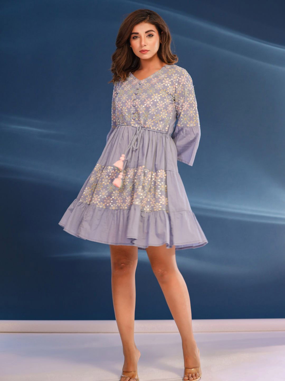 

Zolo Label Floral Embroidered Cotton Fit & Flare Dress With Belt, Purple