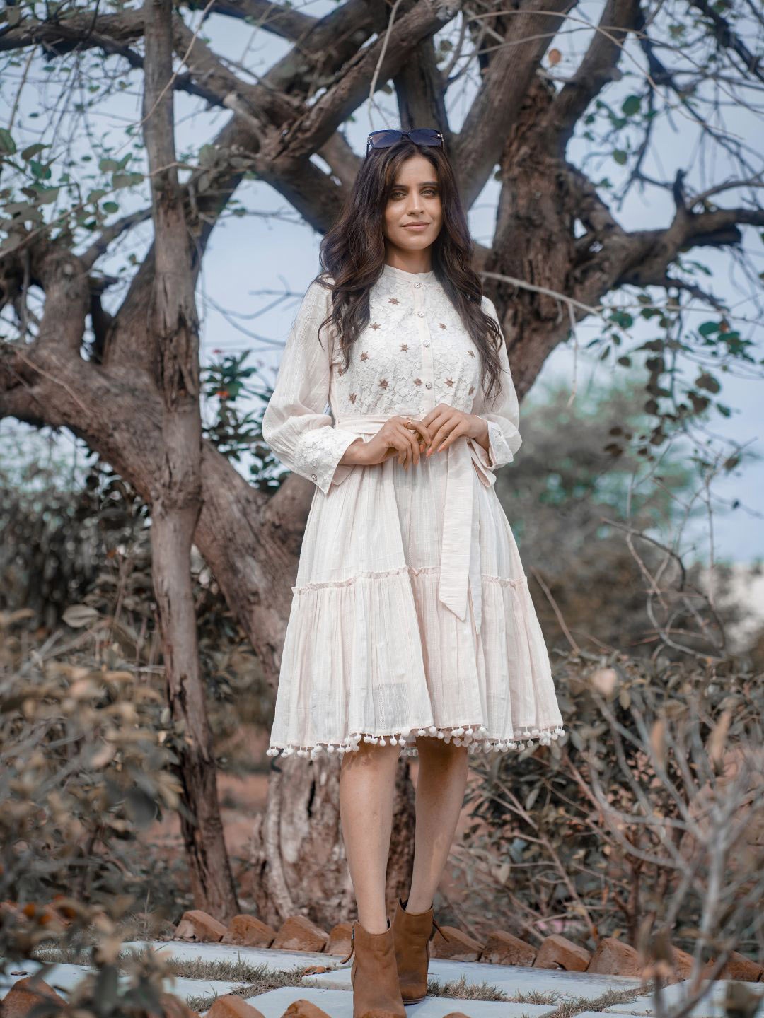 

Zolo Label Self Design Pom-Pom Detail Cotton Fit & Flare Dress With Belt, White