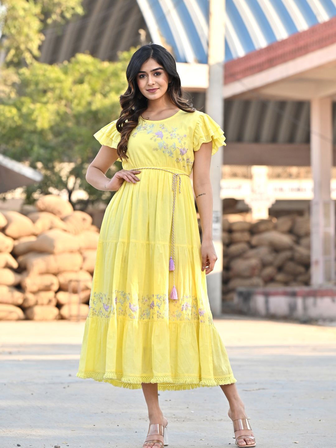 

Zolo Label Floral Print Flutter Sleeve A-Line Midi Dress, Yellow