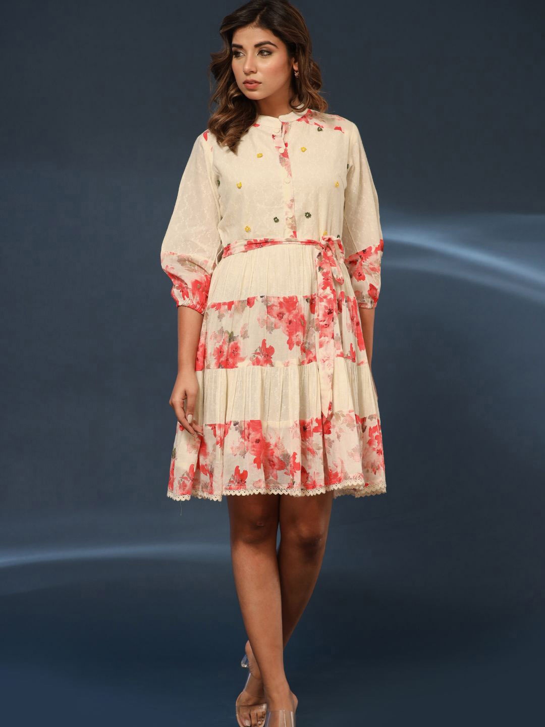 

Zolo Label Floral Printed Puff Sleeve Tiered Fit & Flare Dress With Belt, Cream