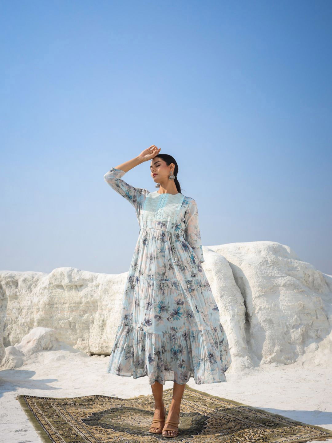 

Zolo Label Floral Printed Embroidered Tiered Cotton A-Line Maxi Dress, Blue