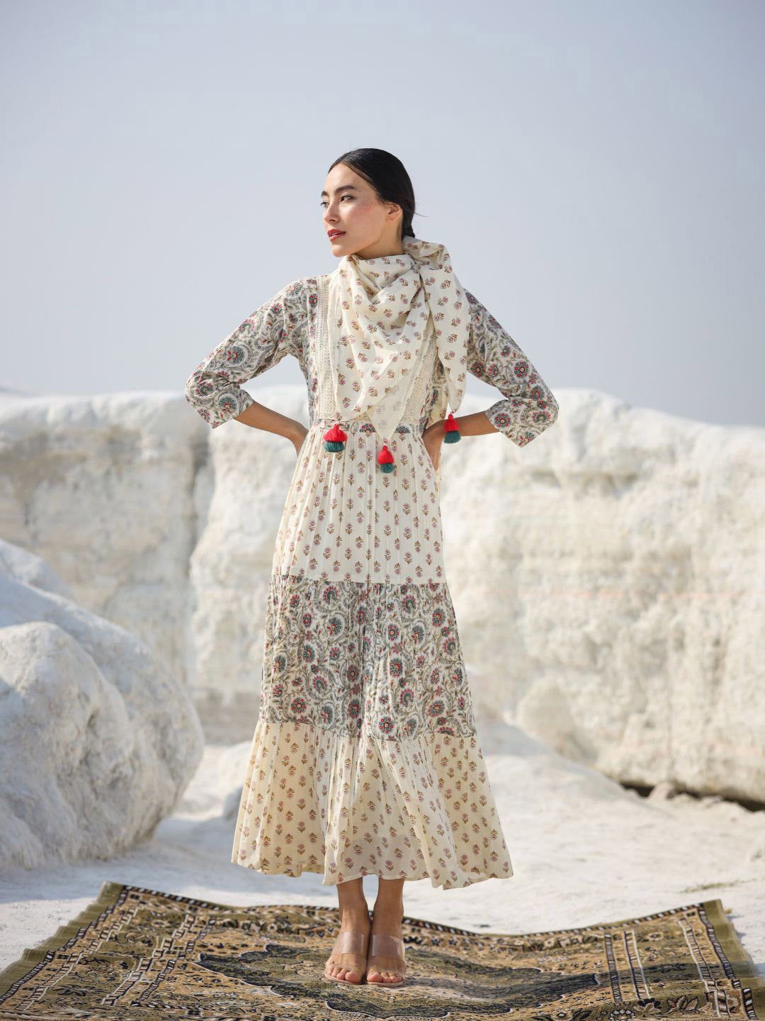 

Zolo Label Floral Printed Embroidered Tiered Cotton A-Line Maxi Dress, White