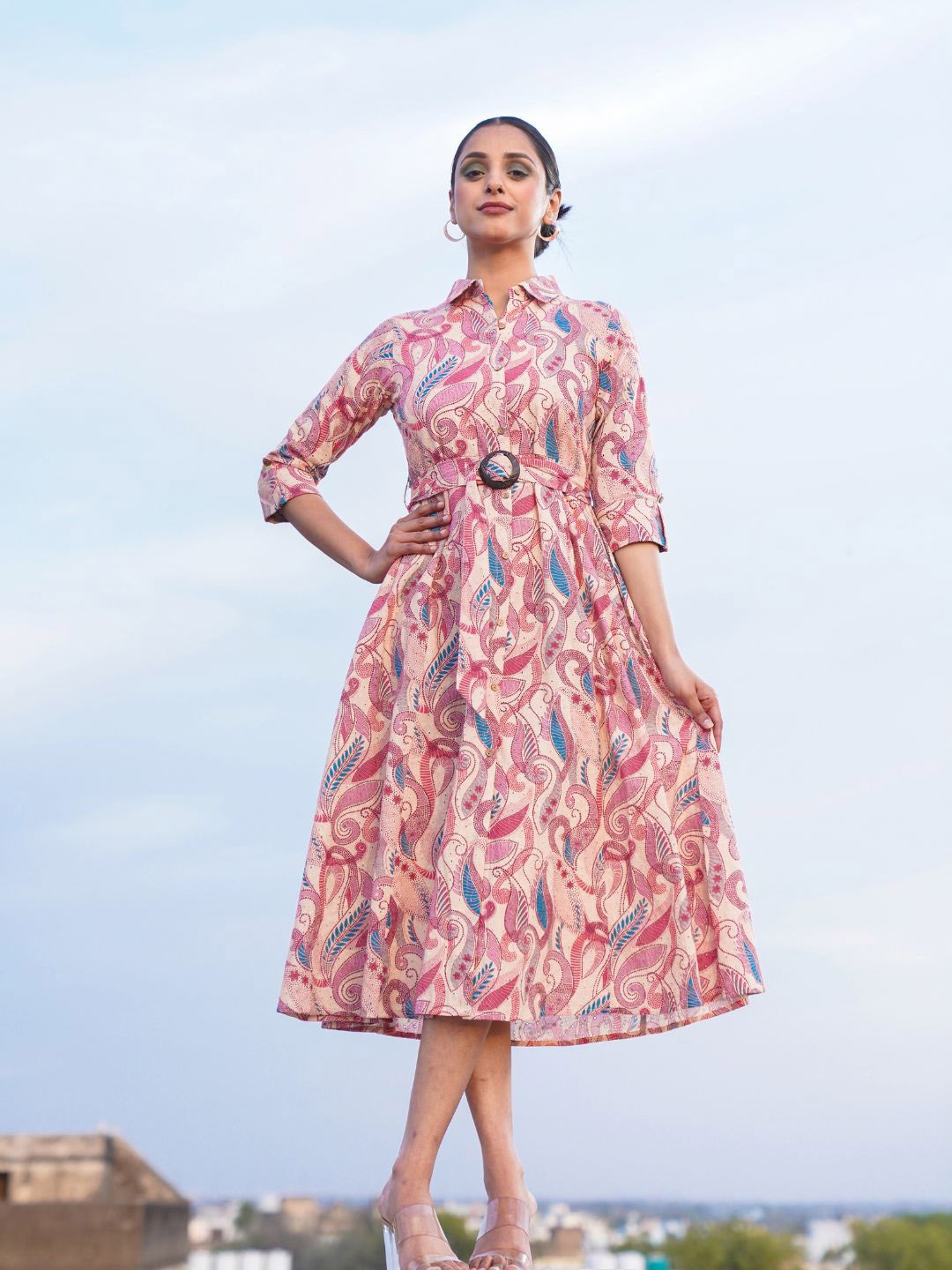 

Zolo Label Ethnic Motifs Printed Cotton Shirt Dress With Belt, Pink