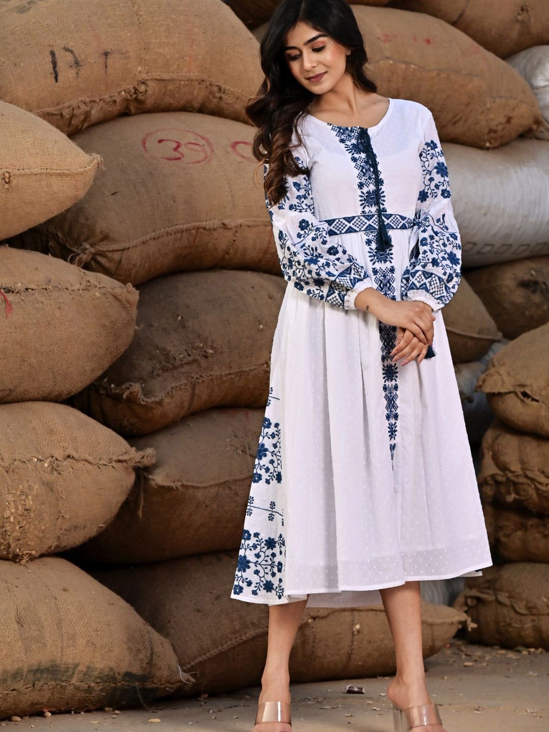 

Zolo Label Embroidered Fit & Flare Dress, White