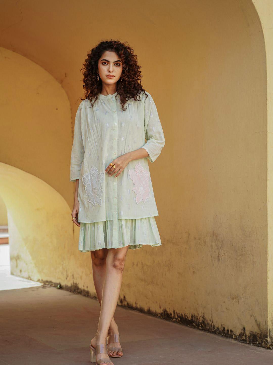 

Zolo Label Floral Embroidered Layered A-Line Dress, Sea green