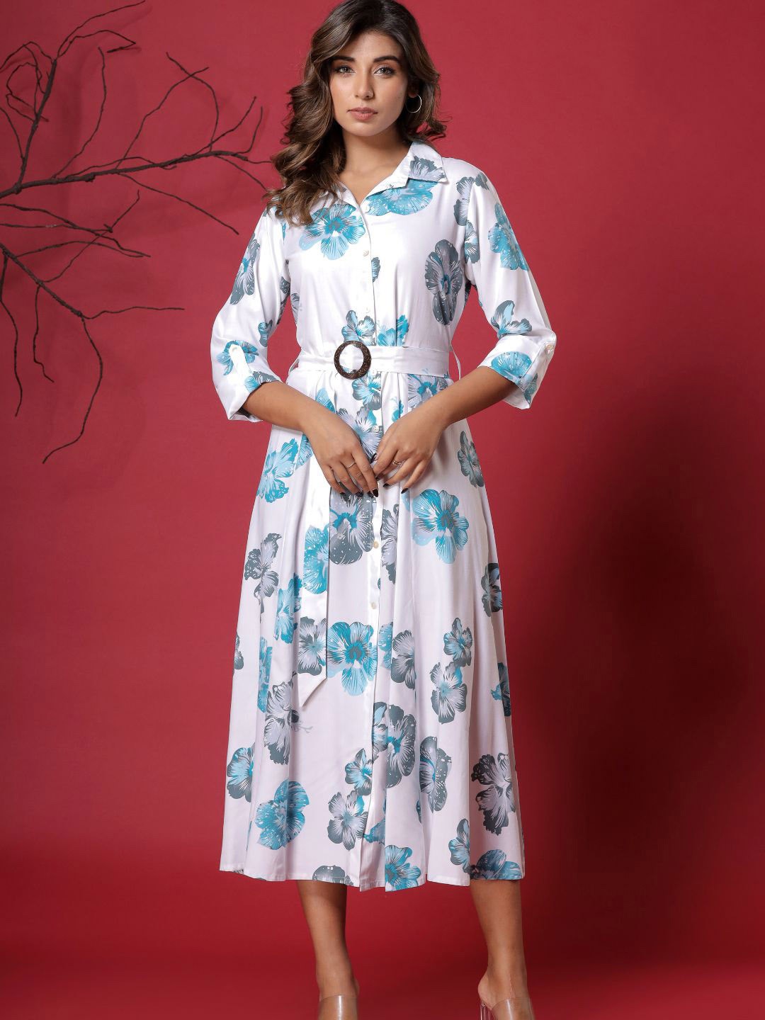 

Zolo Label Floral Printed A-Line Midi Dress With Belt, White