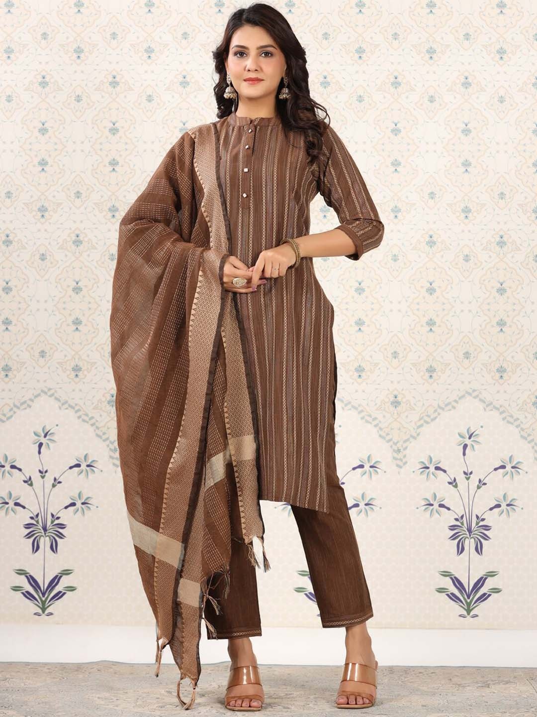 

Ode by House of Pataudi Brown Woven Design Pure Cotton Kurta With Trousers & Dupatta