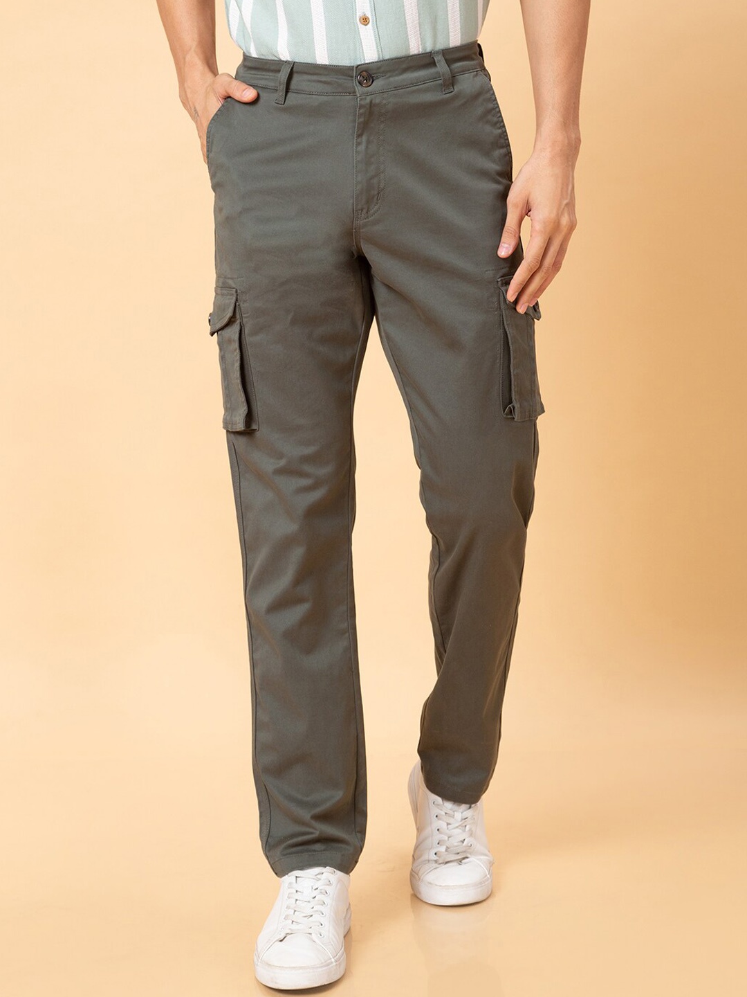 

Globus Mid-Rise Slim Fit Pure Cotton Cargo Trousers, Olive