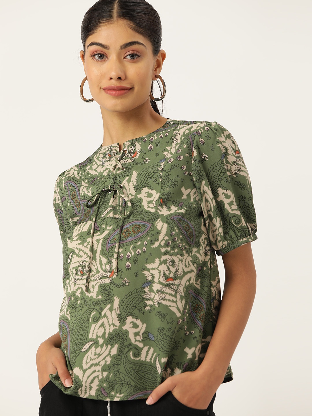 

DressBerry Print Tie-Up Neck Top, Green