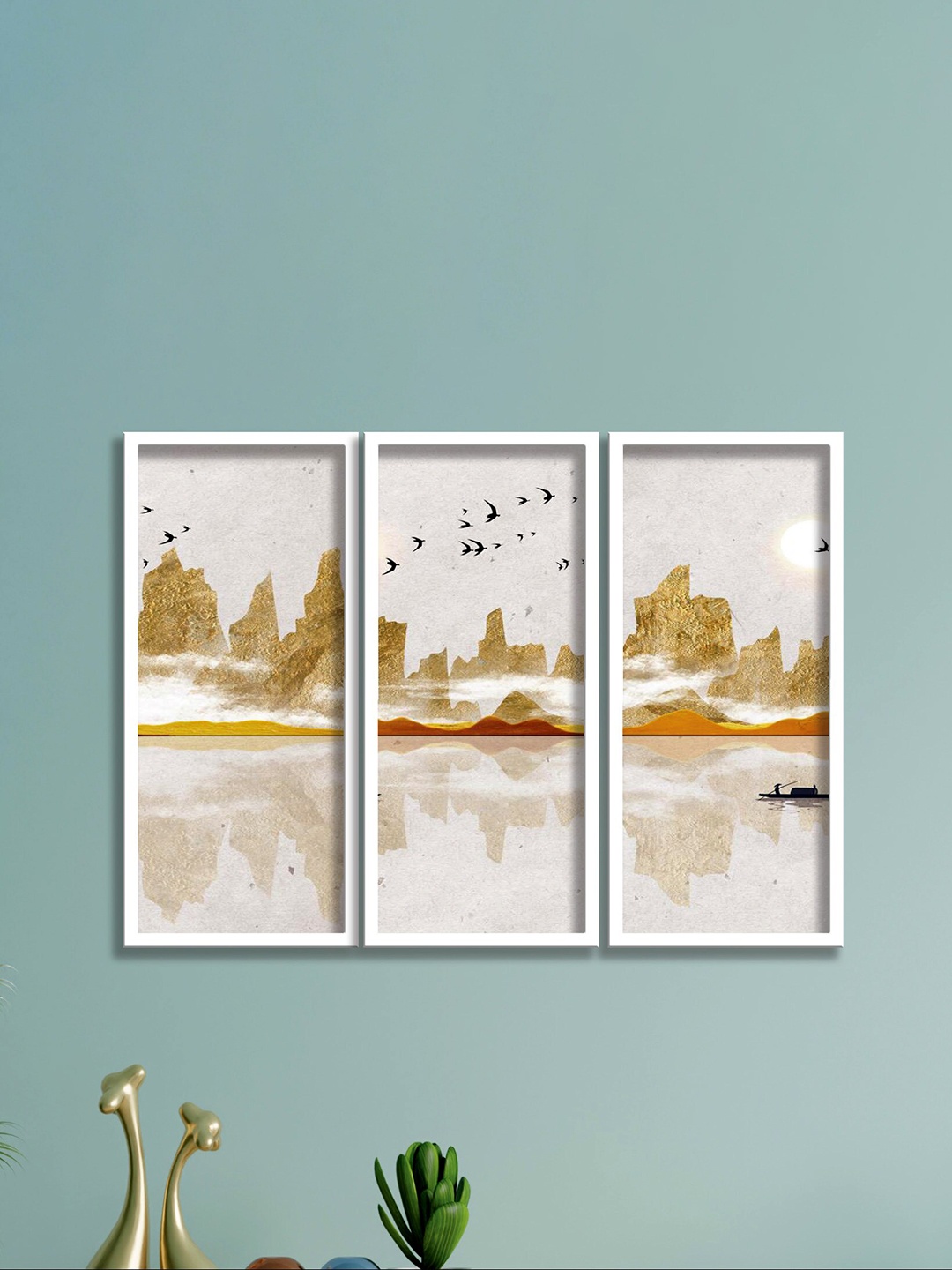 

SAF 3-Pcs Grey & Brown Boat And Birds Painting Wall Art