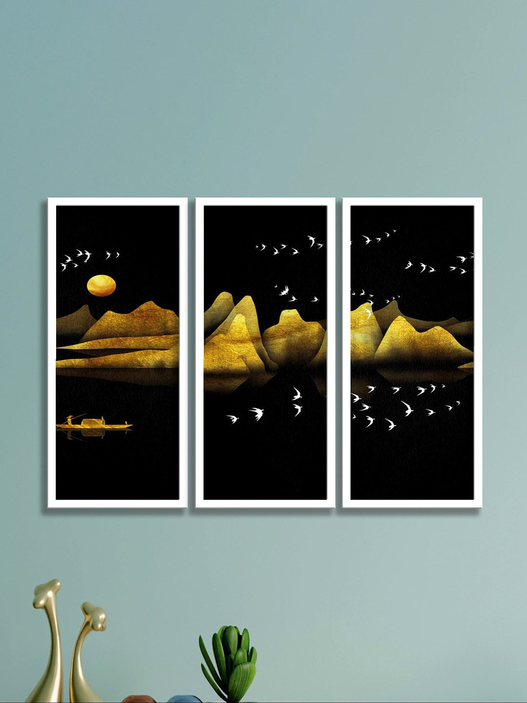 

SAF 3-Pcs Black & Yellow Mountain And Birds Painting Wall Art