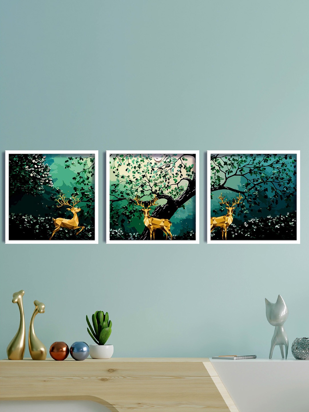 

SAF 3-Pcs Green & Brown Deer And Tree Painting Wall Art