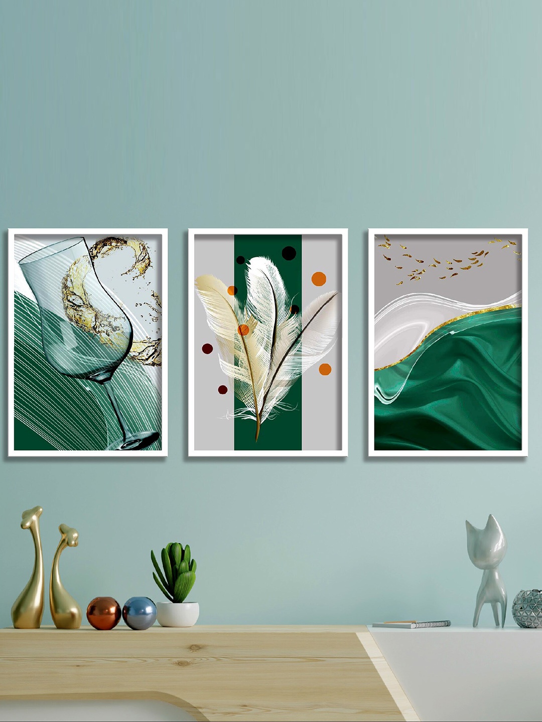 

SAF 3-Pcs Grey & Green Feather Painting Wall Art