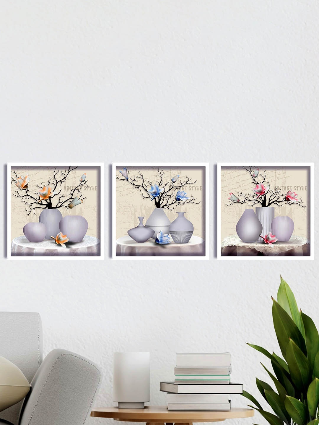 

SAF 3-Pcs Beige & Grey Flower Pot Painting Wall Art