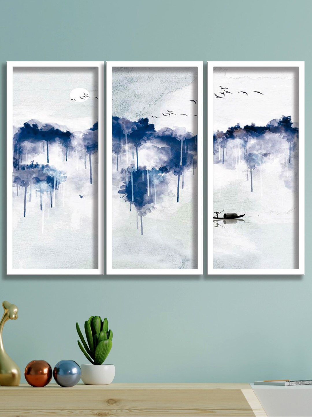 

SAF 3-Pcs White & Blue Birds And Boat Painting Wall Art