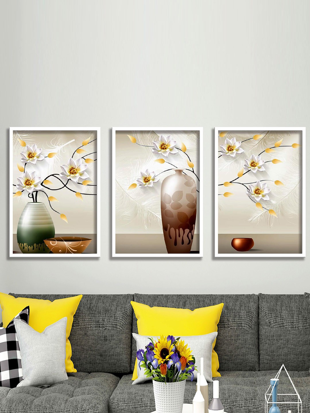 

SAF 3-Pcs White & Brown Flower Painting Wall Art