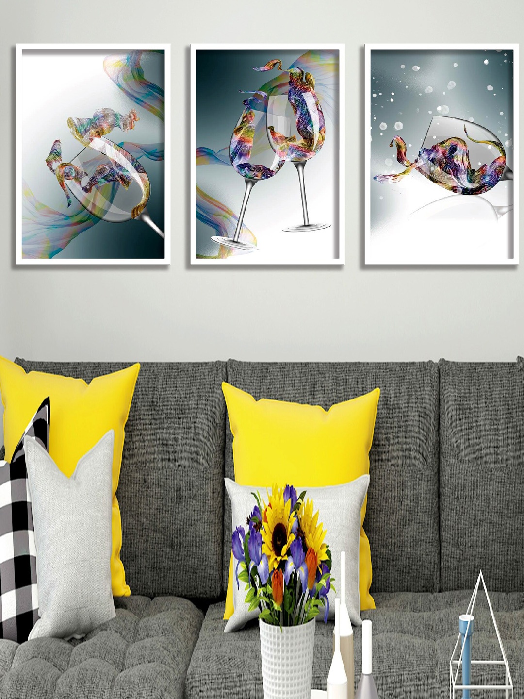 

SAF 3-Pcs White & Blue Wine Glass Painting Wall Art