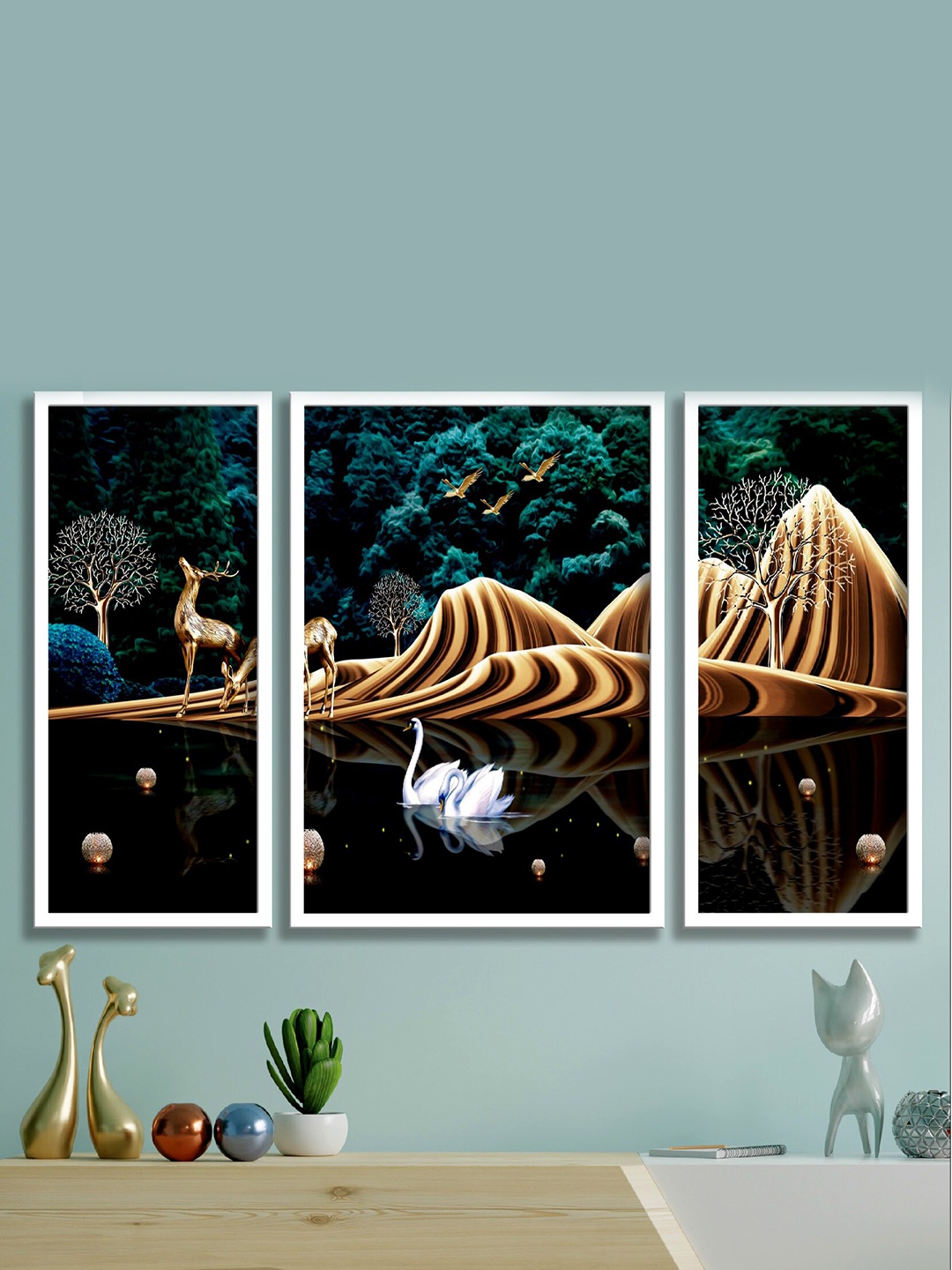 

SAF Black & Brown 3 Pieces Deer And Tree Painting Wall Art