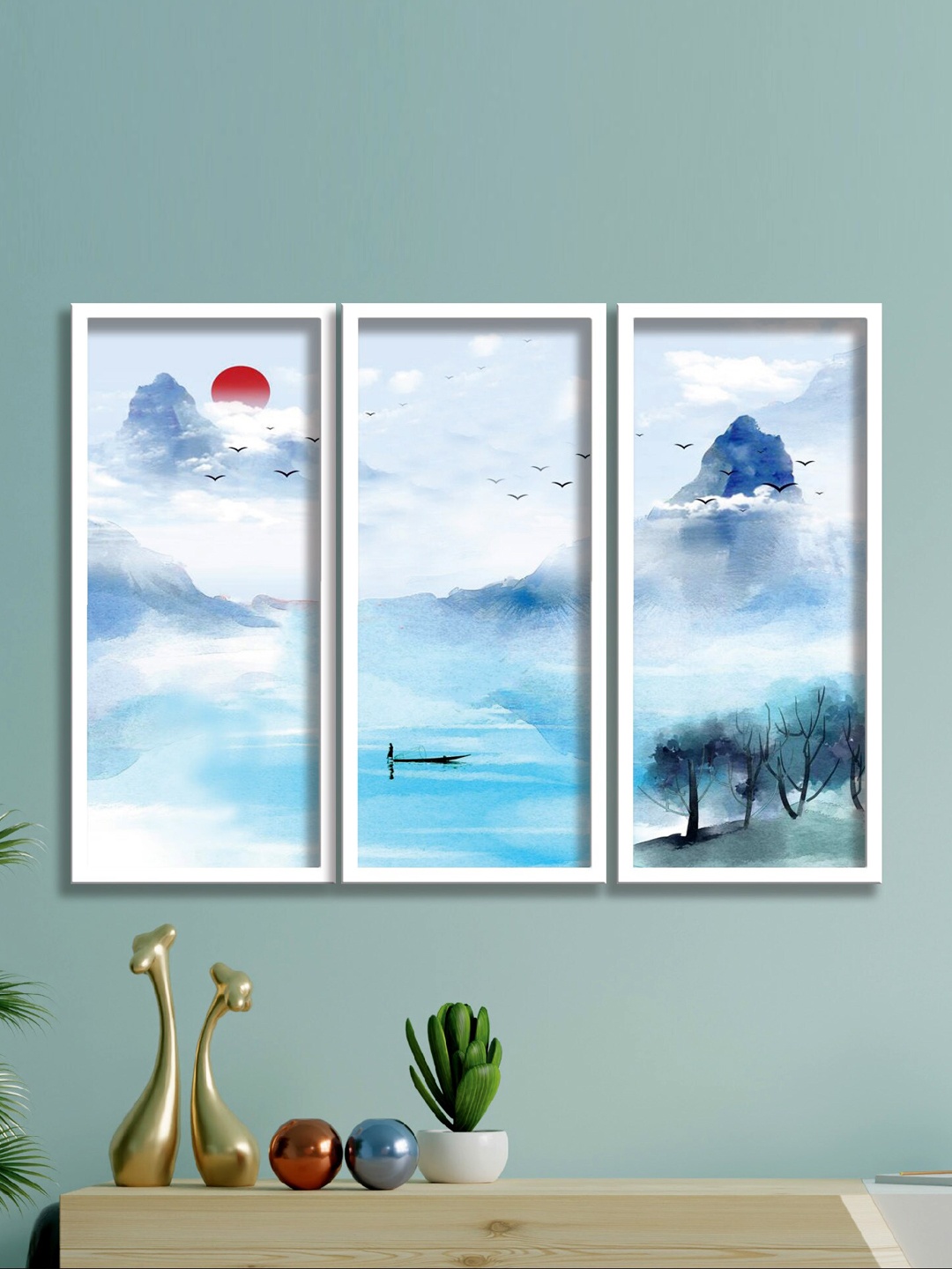 

SAF Blue & White 3 Pieces Abstract Painting Wall Art