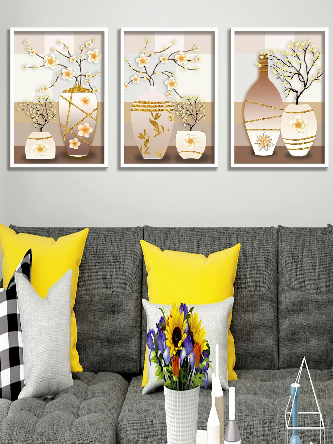 

SAF White & Beige 3 Pieces Flower Pot Painting Wall Art