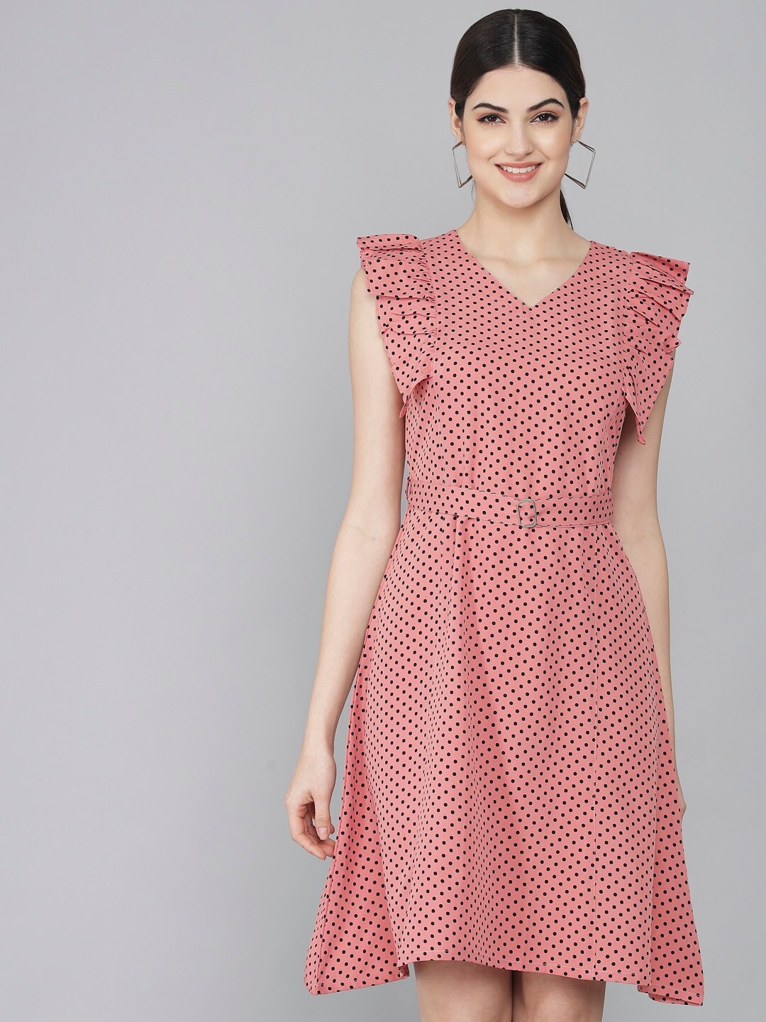 

Rudraaksha Creations Polka Dot Printed Flutter Sleeve Crepe Fit & Flare Dress With Belt, Peach