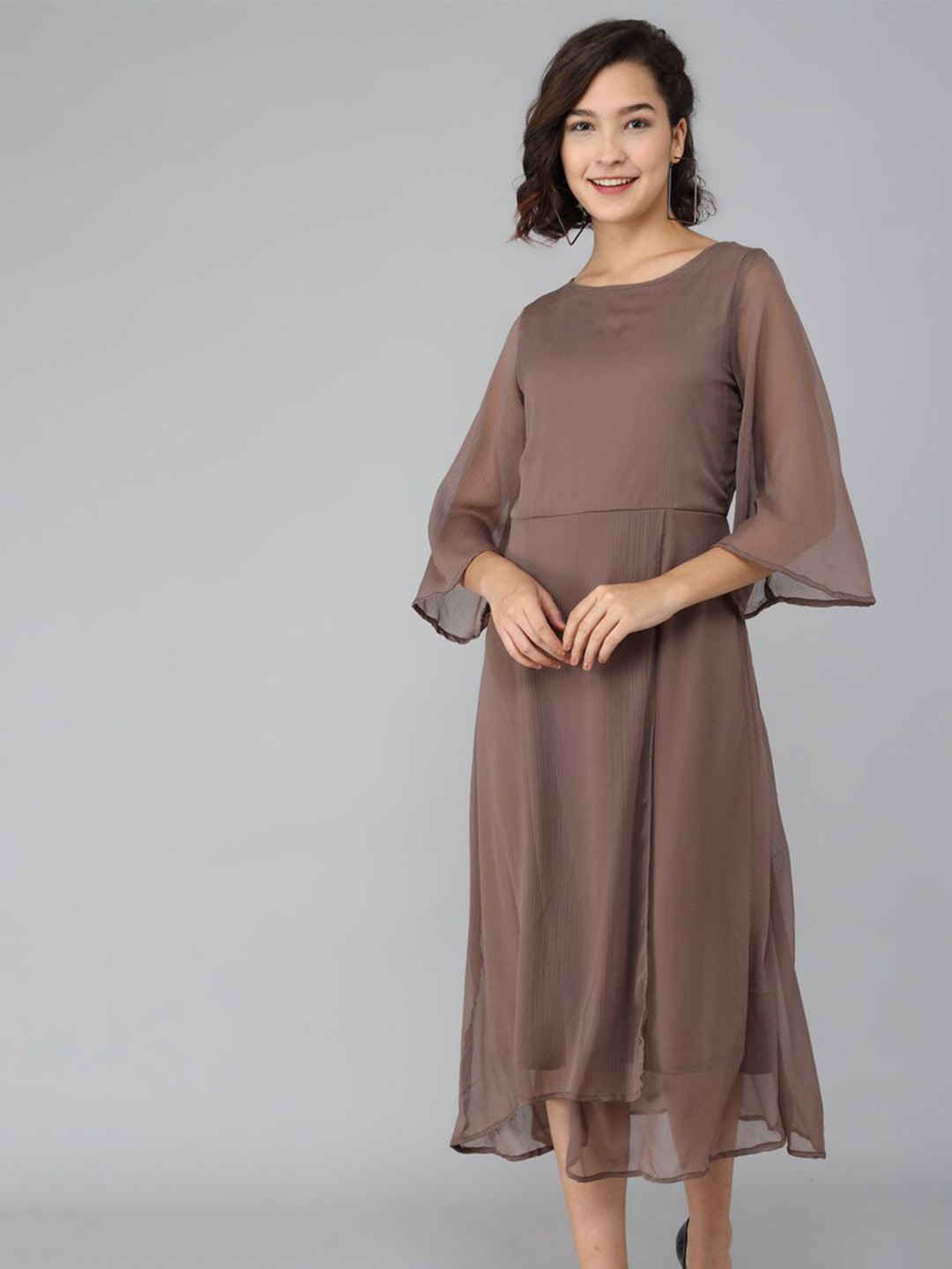 

Rudraaksha Creations Flared Sleeves A-Line Midi Dress, Brown