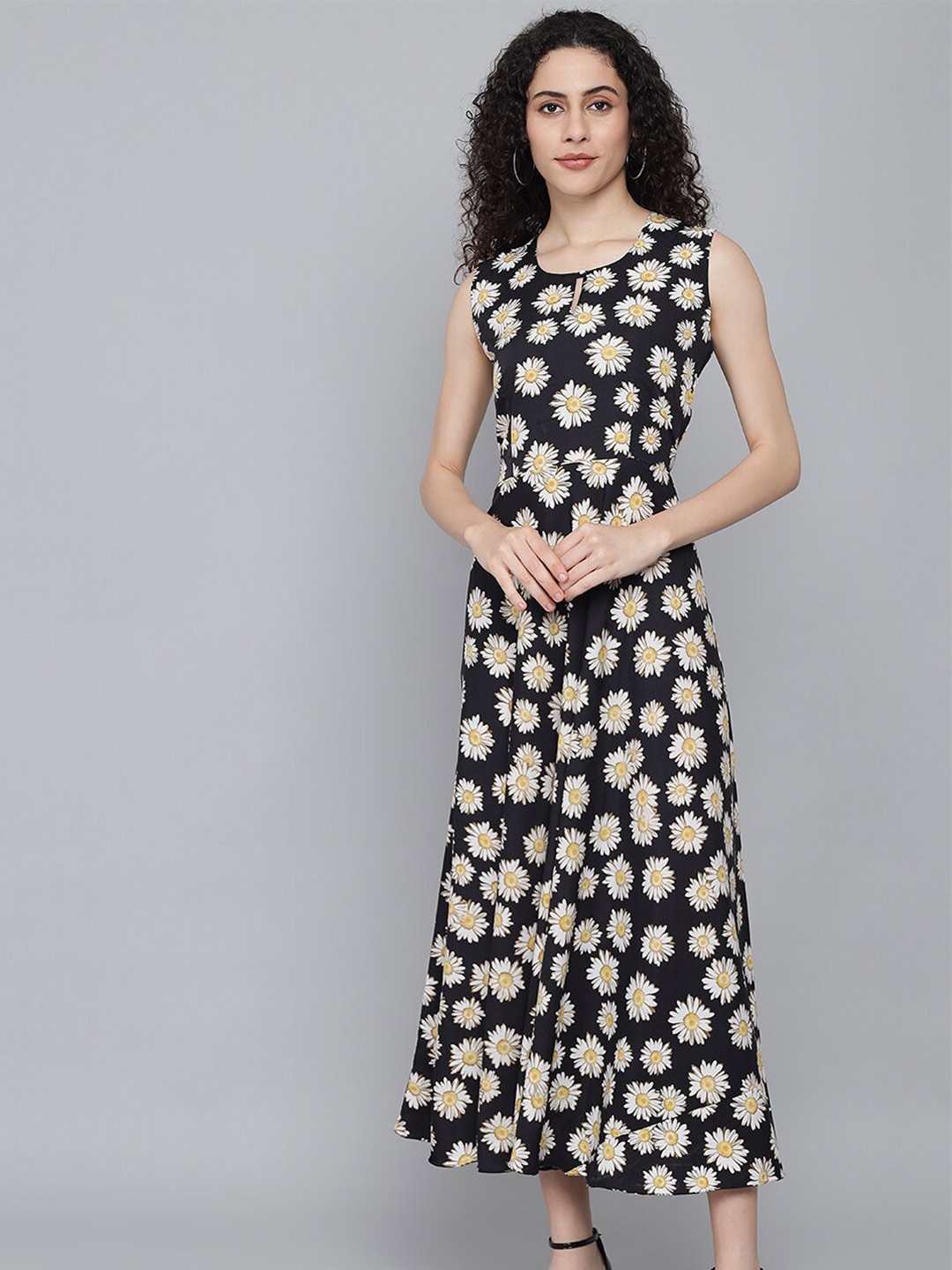 

Rudraaksha Creations Floral Printed Crepe Maxi Dress, Black