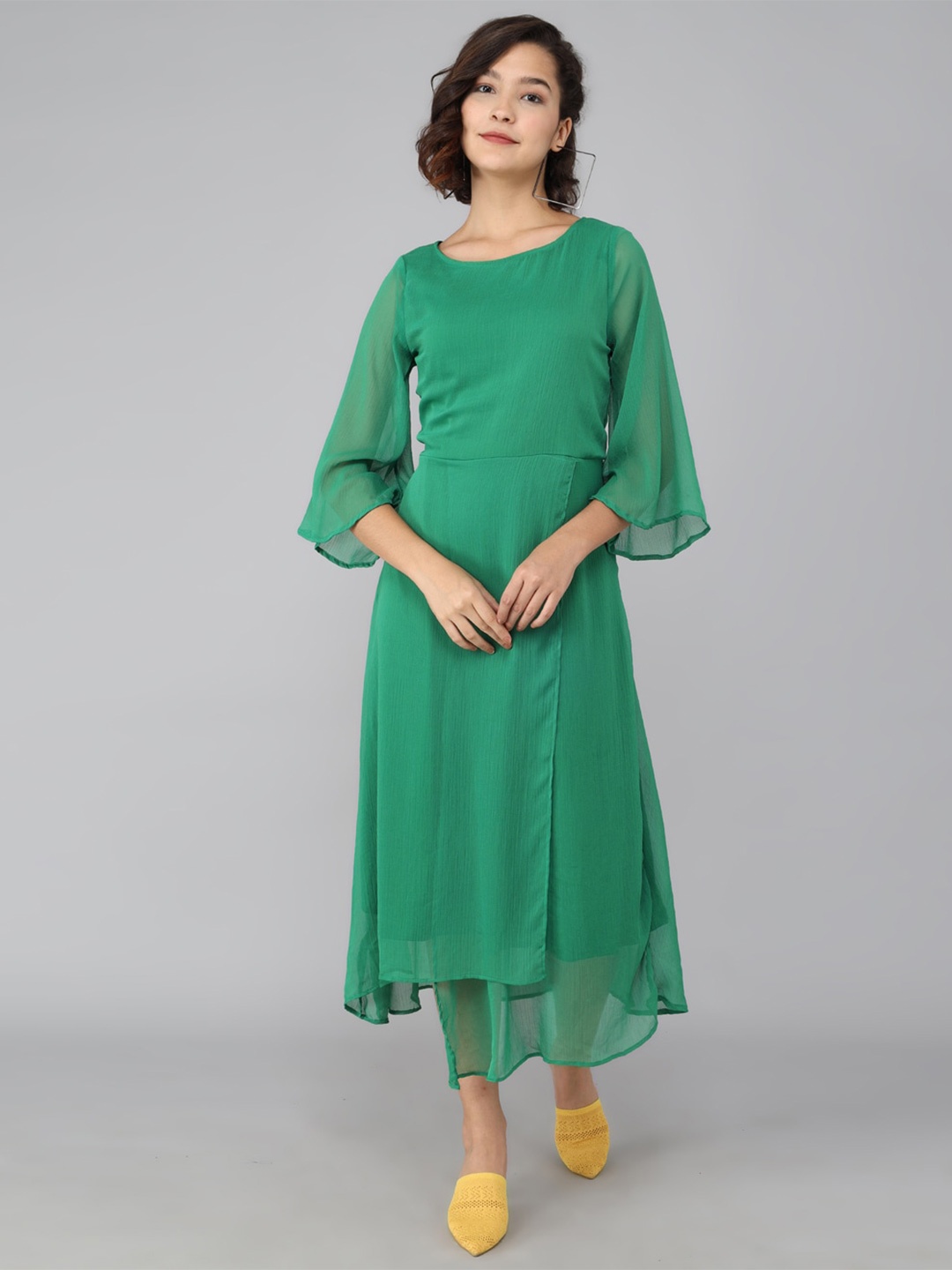 

Rudraaksha Creations Flared Sleeve Chiffon A-Line Midi Dress, Green